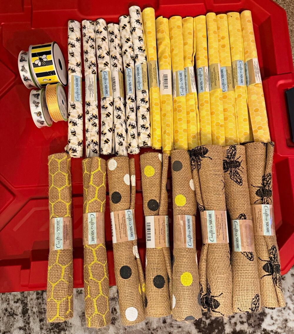 Huge Bee Honeycomb Craft Lot Burlap Rolls Fabric Ribbon Farmhouse Wreath 27pc
